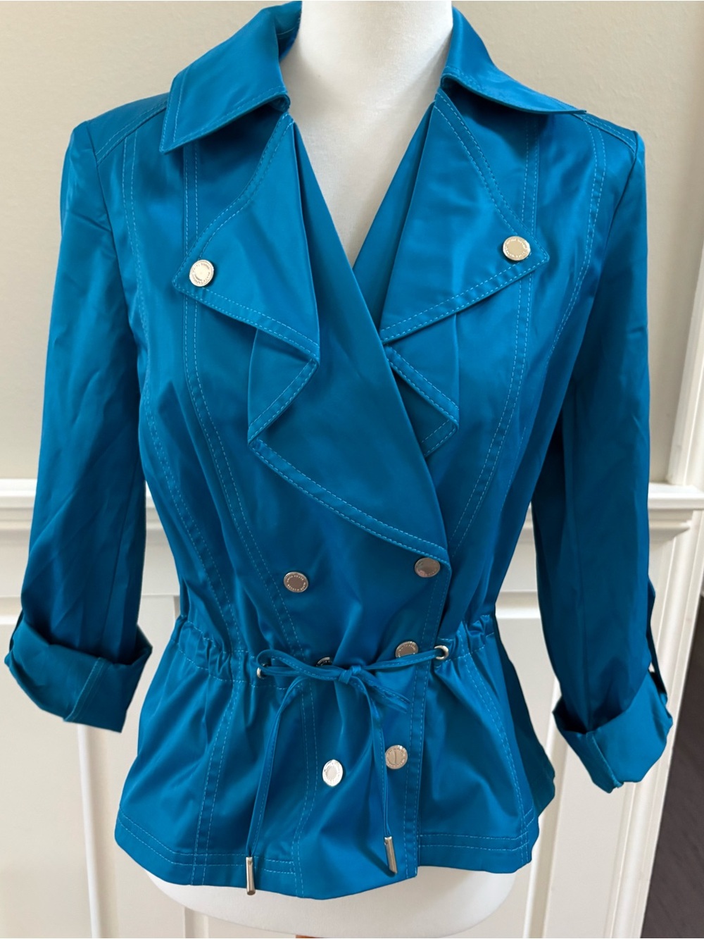 White House Black Marker Teal Drape Front Moto Drawstring Waist Jacket Size 2